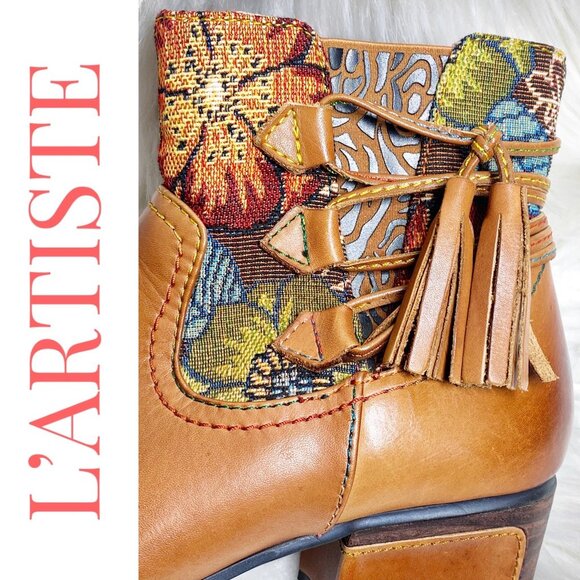 L’ARTISTE LEATHER ANKLE TAPESTRY BOOTIE TASSEL UNIQUE ARTISTIC BOHO, WOMEN’s 40 - Picture 14 of 16